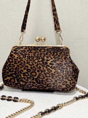 Genuine Hair-on Cowhide Leopard Print Kisslock Frame Bag, Handmade Clutch